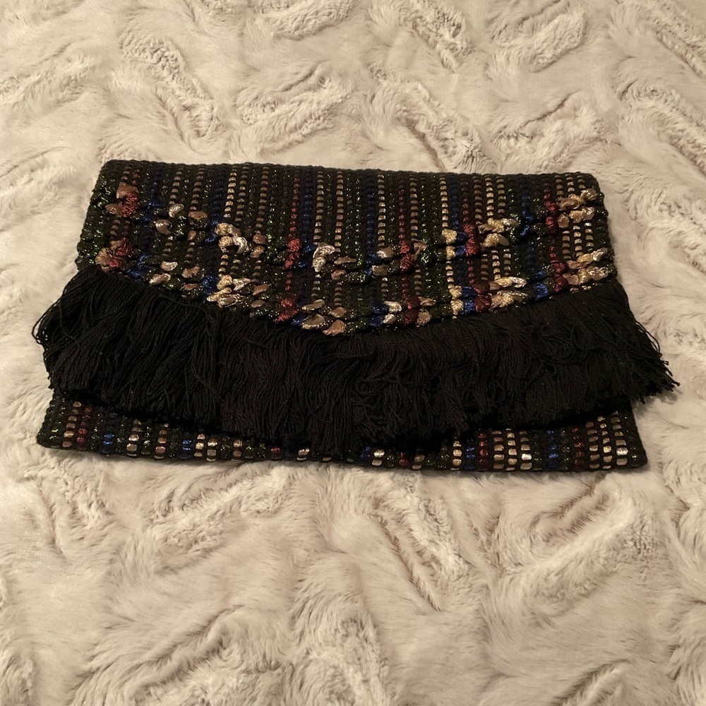 Stella and Dot Shimmering Weave Clutch with Fringe. NWOT